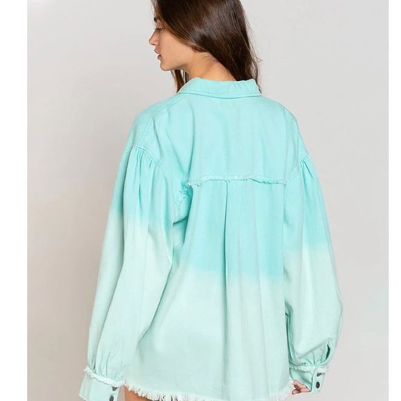 POL Blue Teal Beachy Ocean Gradient Denim Jacket Shacket with Distressed Finish - Picture 3 of 3